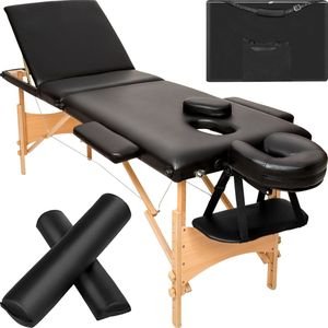 tectake® - 3 zones massagetafel-set behandeltafel Daniel - 3cm matras, rolkussens en houten frame - zwart - 404748