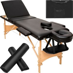 tectake® 3-Zone Massagetafel | Draagvermogen tot 250 kg | Mobiele Massagebank | Set met Accessoires, Vulling, Wielen, Houten Frame, Draagtas | Als Cosmetische Stoel | In Hoogte Verstelbaar - Zwart