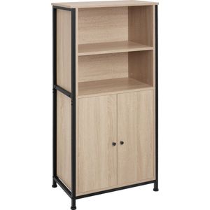 tectake® Highboard -Wandkast met 2 Open Vakken en Kast - 60 x 38 x 125 cm - Houten Boekenkast in Industrieel Design - Voor Woonkamer, Keuken, Kantoor - Zwart Metalen Frame (lichtbruin)