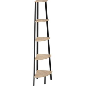 tectake® Hoekkast met 5 lagen van hout - Industrieel design - Boekenkast - Afmetingen (LxBxH) 34 x 34 x 158,5 cm - Ladderkast voor woonkamer, keuken, kantoor, hal - Zwart metalen frame - Lichtbruin