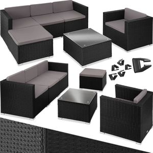 tectake® Wicker lounge - Tuinmeubelset voor buiten met bank, fauteuil, kruk en tafel - Variabel combineerbaar - Weerbestendig meubilair - Voor 4-5 personen - Balkonmeubilair - Tuinlounge - Terrasmeubilair - Zwart