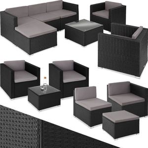 tectake® wicker Loungeset, buitenzitgroep, set met bank, 2 fauteuils, kruk, tafel, vrij combineerbaar, tuinmeubelen voor 5-6 personen, voor tuin, terras, balkon, inclusief kussens - zwart - poly-rattan