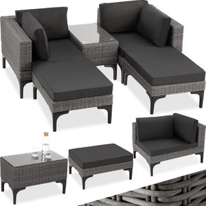 tectake® Outdoor wicker loungeset, 5-delige tuinmeubelbankset, vrij combineerbaar, met hoekstoel, kruk, tafel, tuinlounge, inclusief zit- en rugkussens - grijs - poly-rattan