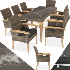 tectake® Wicker Meubelset | 8x Stoelen, 1x Tafel | Modern, Rieten Stoel met Armleuningen | Eettafel in Marmerlook | Eetkamer Lounge Tuinmeubelen voor Balkon, Terras, Wintertuin, Buitenkeuken - Naturel