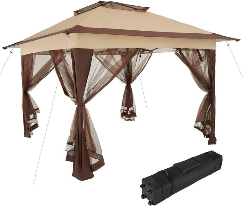 tectake® Faltpavillon, 3,64 x 3,64 x 2,94 m, 4 abnehmbare Seitenteile aus Moskitonetz, inklusive Spannseile, Heringe sowie Transporttasche
