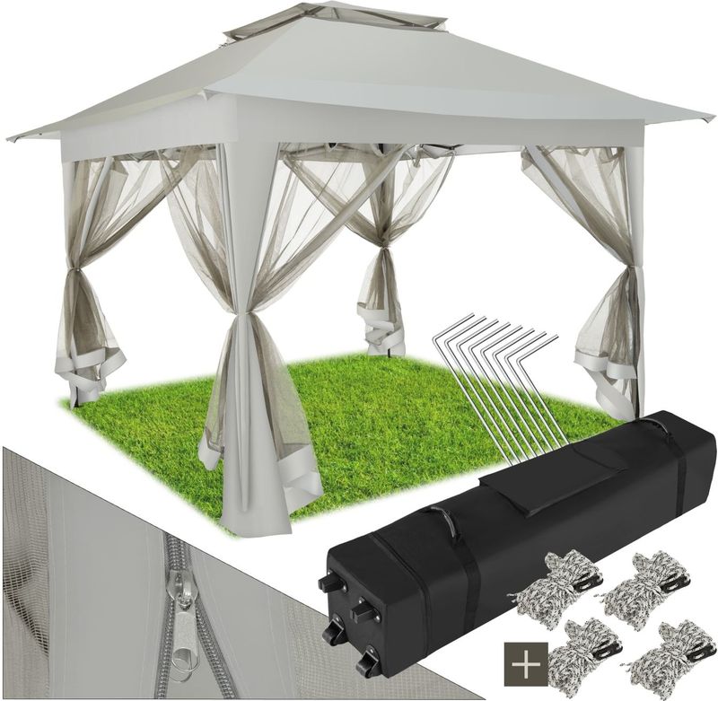 tectake® Faltpavillon, 3,64 x 3,64 x 2,94 m, 4 abnehmbare Seitenteile aus Moskitonetz, inklusive Spannseile, Heringe sowie Transporttasche