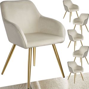 tectake® Eetkamerstoel met armleuningen - Gevoerde fluwelen zitting - Gouden metalen poten - Woonkamer, eetkamer, slaapkamer en kantoor - Set van 6 - Creme/goud