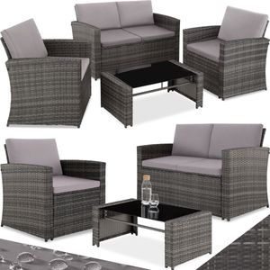 tectake® - wicker Lounge tuinmeubelset voor de tuin, meubilair voor het balkon, 12-delige tuinlounge (weerbestendig), eetset met buitenbank, fauteuil en tafel voor 4 personen - grijs - poly-rattan