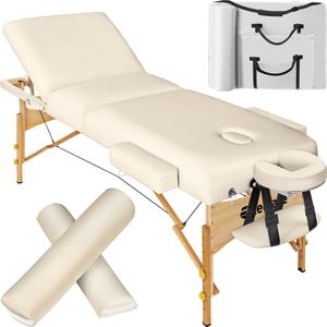 tectake® - 3 zones massagetafel behandeltafel Somwang - 7,5cm matras en houten frame - incl. rolkussens en draagtas - beige - behandelbank – incl. opbergtas – opvouwbaar
