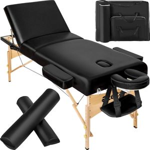 tectake® - 3 zones massagetafel behandeltafel Somwang - 7,5cm matras en houten frame - incl. rolkussens en draagtas - zwart - 404944