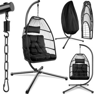 tectake® - Luxe hangstoel - Opvouwbare en draaibare egg chair met standaard - Dikke kussens - Antislipvoeten - Inclusief beschermhoes - Ideaal voor tuin, terras en slaapkamer - Zwart
