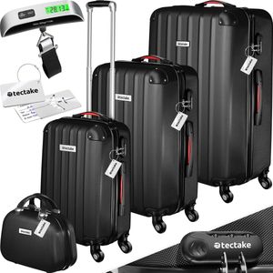tectake® 4-delige reiskofferset inclusief koffertrolley en bagageweger, 360° wielen, harde koffer met cijferslot, grote koffer, stapelbaar, trolley handbagage - zwart