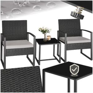 tectake® - wicker zitgroep 2x fauteuils met tafel, balkonmeubelset, tuinmeubelen, balkonmeubilair, kleine lounge, gestoffeerde stoelen inclusief buitentuintafel, weerbestendig - zwart - poly-rattan