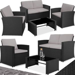 tectake® - Wicker zitgroep loungeset tuinset Lucca - 1 bank - 2 stoelen - 1 tafel met glasplaat - zwart grijs - 405015