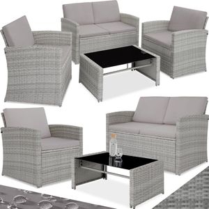 tectake® - wicker Lounge tuinmeubelset voor de tuin, meubilair voor het balkon, 12-delige tuinlounge (weerbestendig), eetset met buitenbank, fauteuil en tafel voor 4 personen - lichtgrijs grijs - poly-rattan