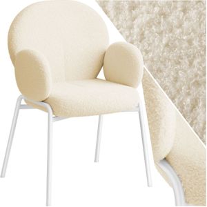 tectake® - Eetkamerstoel met armleuning - Woonkamerfauteuil - Scandinavische loungestoel - Comfortabele gestoffeerde stoel - Bekleding van bouclé teddystof - Crème