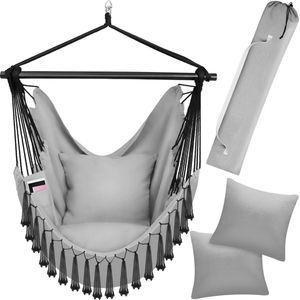 tectake® Hangstoel voor binnen of buiten - Weerbestendig - Met tabletvak en bekerhouder - Macramé schommel voor balkon en tuin - Hangende schommel belastbaar tot 150 kg - Grijs
