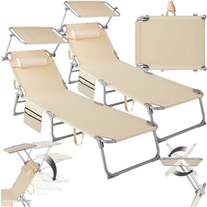 TecTake® Chloé Set van 2 ligstoelen- inklapbaar- 4 posities- kussens- hoofdsteun- waterafstotend- voor tuin- terras- balkon- zwembad en strand - div kleuren (beige)