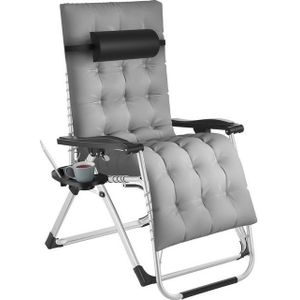tectake® Opvouwbare Ligstoel Cloud - Tuinstoel met Tafeltje - Bekerhouder - Traploos Verstelbaar - Voor Balkon, Camping of Tuin - Relaxstoel met extra dik Kussen - Strandstoel - Ligbed - Div. kleuren - Grijs