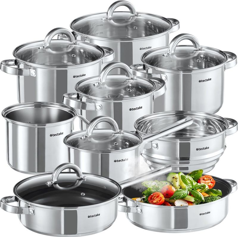 Tectake Pannenset Turin 15-dlg - Roestvrij Staal - Zilver - Geschikt voor Inductie