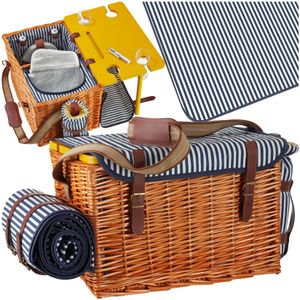 tectake® Picknickkorb, für 4 Personen, mit Picknickdecke, geflochtene Weide, 2 Schnallenverschlüsse und verstellbarer Tragegurt, inkl. 20-teiliges Geschirrset, Kellnermesser, Gewürzstreuer und Weinkühler