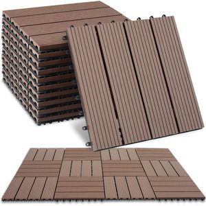 tectake® WPC houten tegels - Houtlook tegels - Weerbestendig - Vloerbedekking voor buiten - Vloertegels - Balkonvloer - Terrastegels met kliksysteem - Afvoer - Set van 11 - Bruin