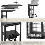 tectake® Laptoptafel met laadstation - Incl. stekkerdoos – C-Vormige computertafel - Bijzettafel - Nachtkastje - Met krantenstandaard en extra plankje - Zwart