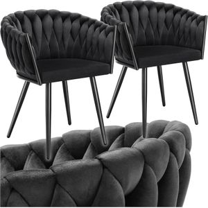 tectake® - Set van 2 Fluwelen Eetkamerstoelen - Kuipstoel - Zwart - Knoopdesign