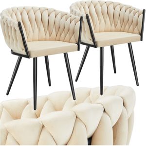 tectake® - Set van 2 Eetkamerstoelen - Fluwelen Kuipstoel - Zandkleur - Knooplook