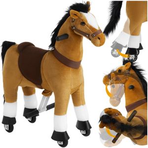 tectake® Hobbelpaard op wielen – Rijdend speelgoed paard - Pluche paard met antislip handgrepen - Voor kinderen van 3-12 jaar - Stalen frame - Binnen & buiten gebruik - Bruin, 29 x 76 x 85 cm
