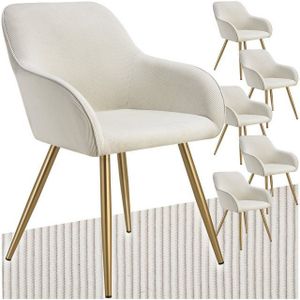 tectake�® Stoel - Gestoffeerde woonkamerstoel met cordlook/ribstof - Designstoel, loungestoel - Draagvermogen tot 120kg - Set van 6 - Div kleuren - creme/goud