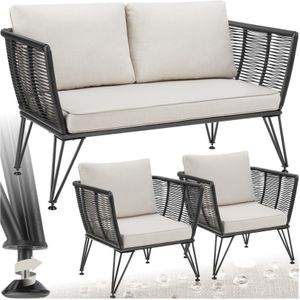 tectake® Wicker Loungeset - Tuinmeubelset met Bank en 2 Fauteuils - Weerbestendig