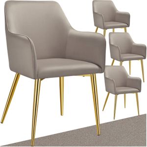 tectake® Eetkamerstoel Avane - Fluweellook - Gestoffeerde stoel met ergonomische armleuningen - Slanke stalen gouden poten - Draagkracht 120 kg - Comfortabele eetkamer- en keukenstoel - Set van 4 - Taupe