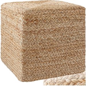 tectake® Banno Cube - Jute Poef - Vierkant - Boho-Stijl - Comfortabele Voetenbank