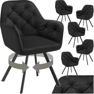 tectake® - Draaistoel in fluweellook - Eetkamerstoel met armleuningen - Ergonomische zitting en rugleuning - 180 graden draaibaar - Moderne stoel met stalen poten - Diverse kleuren - Set van 6 - Zwart