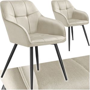 tectake® Gestoffeerde stoel – 2 Eetkamerstoelen - Fluweeloptiek - stikpatroon - gecapitonneerd – set van 2 - creme / zwart