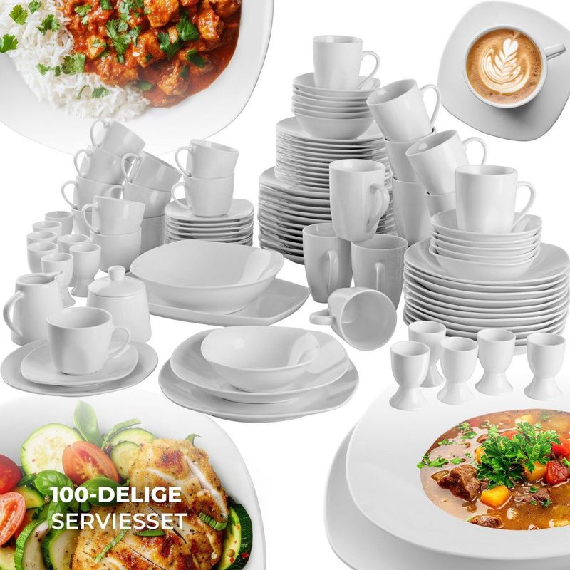 Tectake - Combi Servies Salerno - Porselein - Wit - Voor 12 Personen - 100-delig