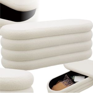 tectake® Gestoffeerde bank met opbergruimte – Stijlvolle en praktische poef voor woonkamer, hal of slaapkamer - Scandinavisch design - Comfort en functionaliteit in één meubelstuk - Boucle - Beige