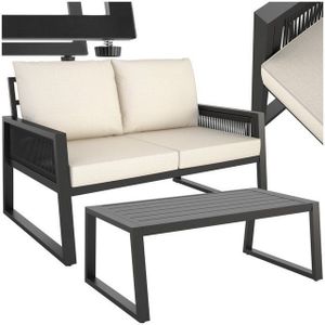 tectake® Rope Design Loungeset voor Tuin, Terras of Balkon - Tuinset met 1 Tuinbank en 1 Tafel in Houtlook - Inclusief Weerbestendige Kussens - Aluminium Frame met in Hoogte Verstelbare Voetjes - 2 Personen