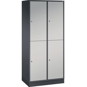 C+P INTRO stalen garderobekast met twee verdiepingen, b x d = 820 x 500 mm, 4 vakken, kastframe zwartgrijs, deuren blank aluminiumkleurig
