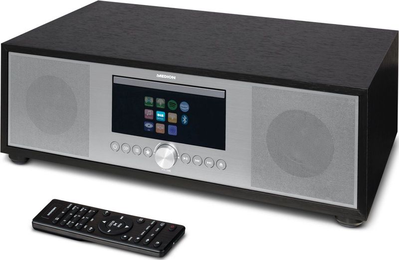 MEDION P66400 2.1 All in One Audio Systeem met Subwoofer (Internet Radio, DAB+, CD, MP3, Spotify Connect, Amazon Music, PLL FM Radio, USB, AUX, Alarmfunctie, Slaaptimer) zilverkleurig