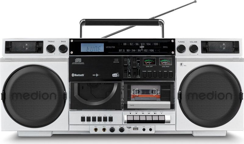 MEDION P66538 Cassetterecorder (retro boombox met cd-speler, jaren 80, groot, USB, SD, cd, cassette MC, DAB+ radio telescopische antenne, Bluetooth, cassettedeck, opnamefunctie, werkt op batterijen)