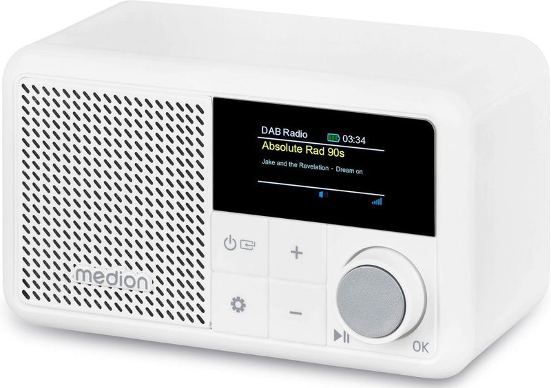 MEDION S66822 Draagbare mini DAB+ radio met Bluetooth (oplaadbare batterij, dimbaar kleurenscherm, telescopische antenne, slaaptimer, wekker, sluimerstand, AUX, USB-C) wit