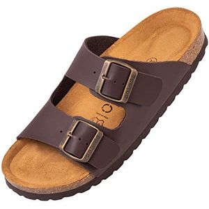 Palado Korfu Damesslippers, modieuze sandalen met 2 verstelbare riemen, herenpantoffels met zool van het fijnste suède en voetbed van natuurlijk kurk, Basic mat bruin, 45 EU