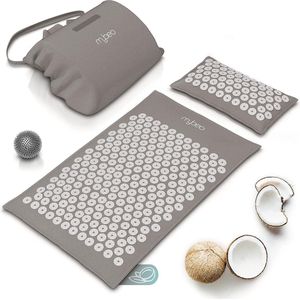 acupressuurmat met natuurlijke bladeren, acupressuurmat met kusjes + massagebal, ontspanning en massage, acupunctuurmat, ideaal voor overspanning van rug, nek, voeten, grijs