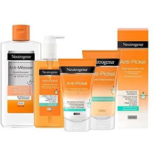Neutrogena Anti-puistjes gezichtsverzorgingsset met 2-in-1 reiniging en masker 150 ml, dagelijkse wasgel 200 ml, SOS onmiddellijke hulp 15 ml, dagelijkse peeling 150 ml & anti-mee-eters gezichtswater