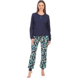 Merry Style - MS-MS10-168-PJ - Dames Pyjama - Marineblauwe/Blaadjes - Katoen - Lange Mouwen - Lange Broek met Zakken