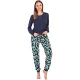 Merry Style - MS-MS10-168-PJ - Dames Pyjama - Marineblauwe/Blaadjes - Katoen - Lange Mouwen - Lange Broek met Zakken
