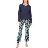 Merry Style - MS-MS10-168-PJ - Dames Pyjama - Marineblauwe/Blaadjes - Katoen - Lange Mouwen - Lange Broek met Zakken