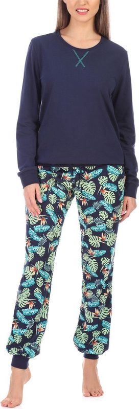 Merry Style - MS-MS10-168-PJ - Dames Pyjama - Marineblauwe/Blaadjes - Katoen - Lange Mouwen - Lange Broek met Zakken